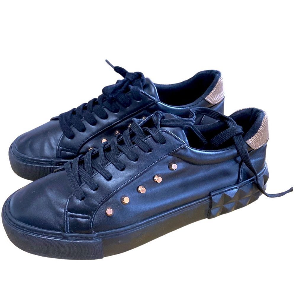 Black Leather Sneakers with Gold Studded Accents